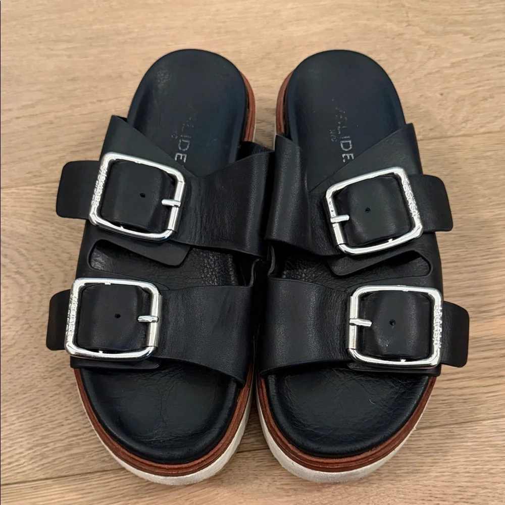 J Slides Black Sandals with Silver Buckles - Picture 1 of 6